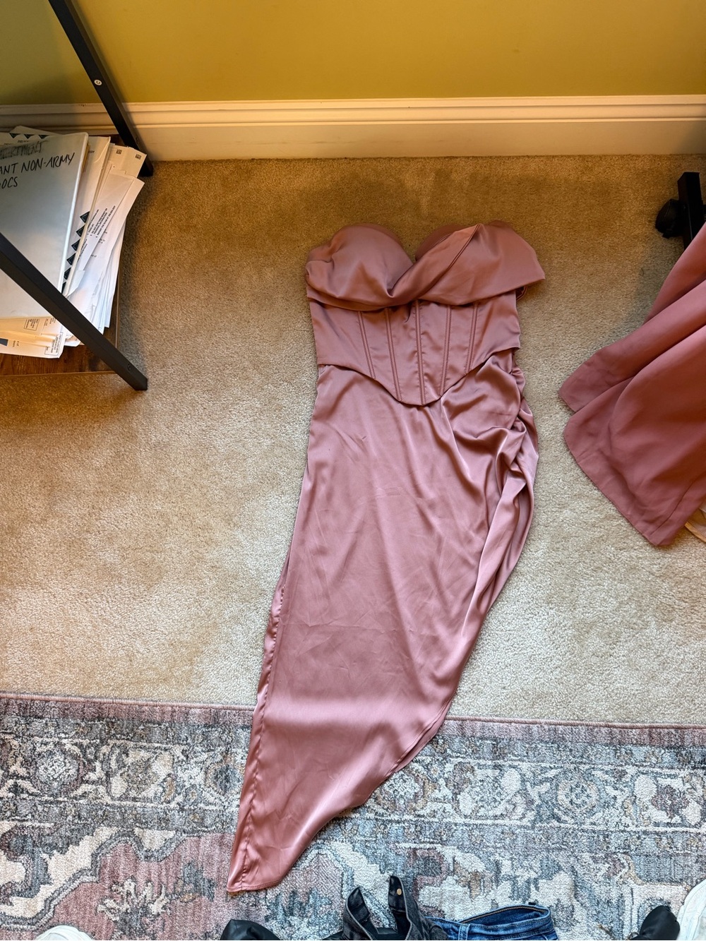Oh Polly Strapless Satin Corset Dress in Dusty Rose